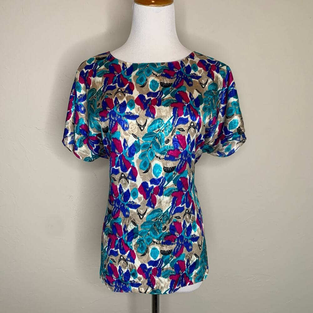 Vintage Notations Bright Silky Blouse Sz Medium